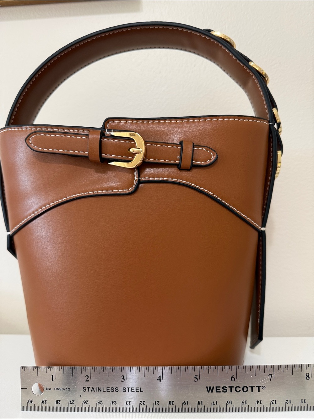 Structured Brown Leather Bucket Bag with Buckle Detail - Picture 8 of 11